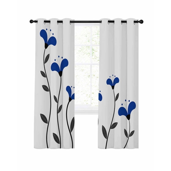 Blue Flowers Blackout Curtains, Light Blocking Print Window Curtains, Spring Modern Simple Botanical Floral Plants Thermal Insulated Window Drapes for Living Room 2 Panels, 55"W x 39"L