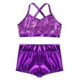 thumbnail image 3 of Sxiwei Kids Girls Two-Piece Sequins Sports Dance Outfit Crop Top with Shorts Gymnastics Dancing Purple 8, 3 of 5