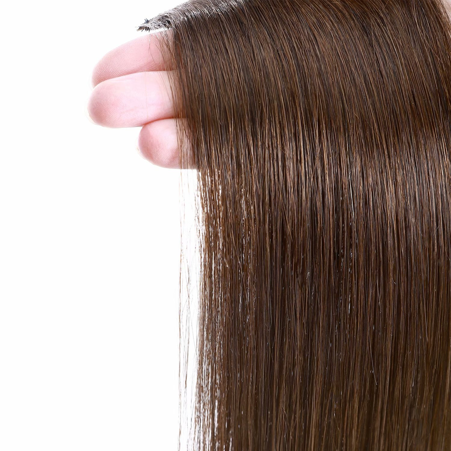 Benehair Clip in 100% Remy Human Hair Extensions Hair Pad Invisible Hairpiece Topper Thickened Soft Thin Hair Brown 2 Pieces