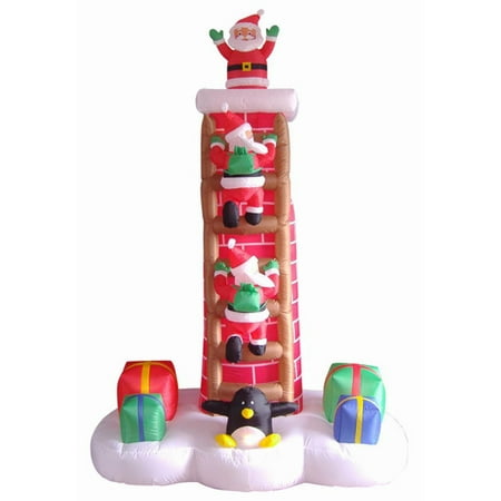 7' Inflatable Animated Santa Trio on Chimney Ladder 7' Inflatable Animated Santa Trio on Chimney Ladder
