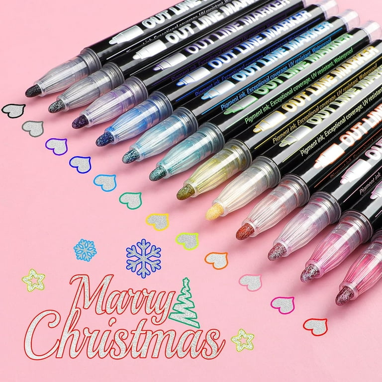 YISAN Outline Markers, Glitter Markers,Metallic Pens,Shimmer Marker  Set,Christmas Card Making 12 Colors for Gift Card Writing Drawing，70436