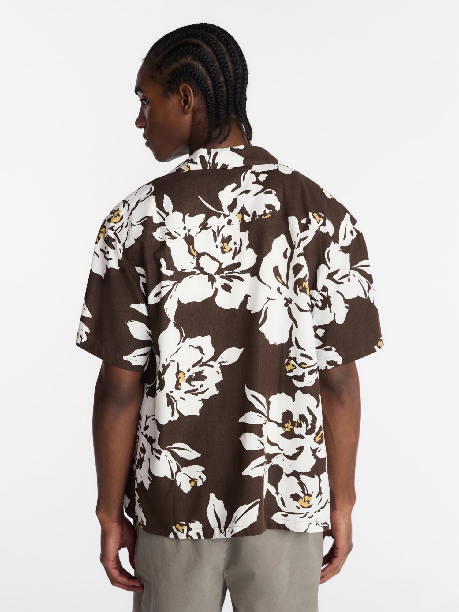 No Boundaries Boxy Fit Linen Blend Patterned Resort Shirt, Men's XS-4XLT