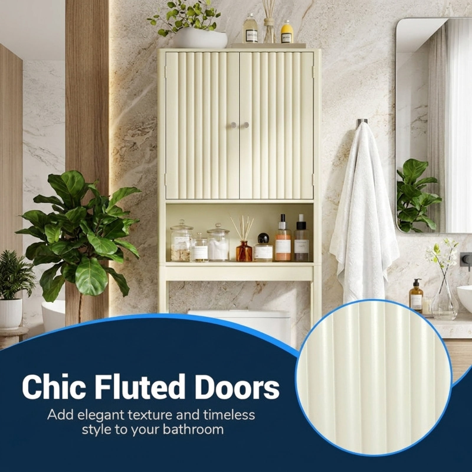 Vebreda Over-the-Toilet Storage, Over The Toilet Storage Cabinet with Fluted Doors, Maximize Your Space, Elegance Meets Convenience