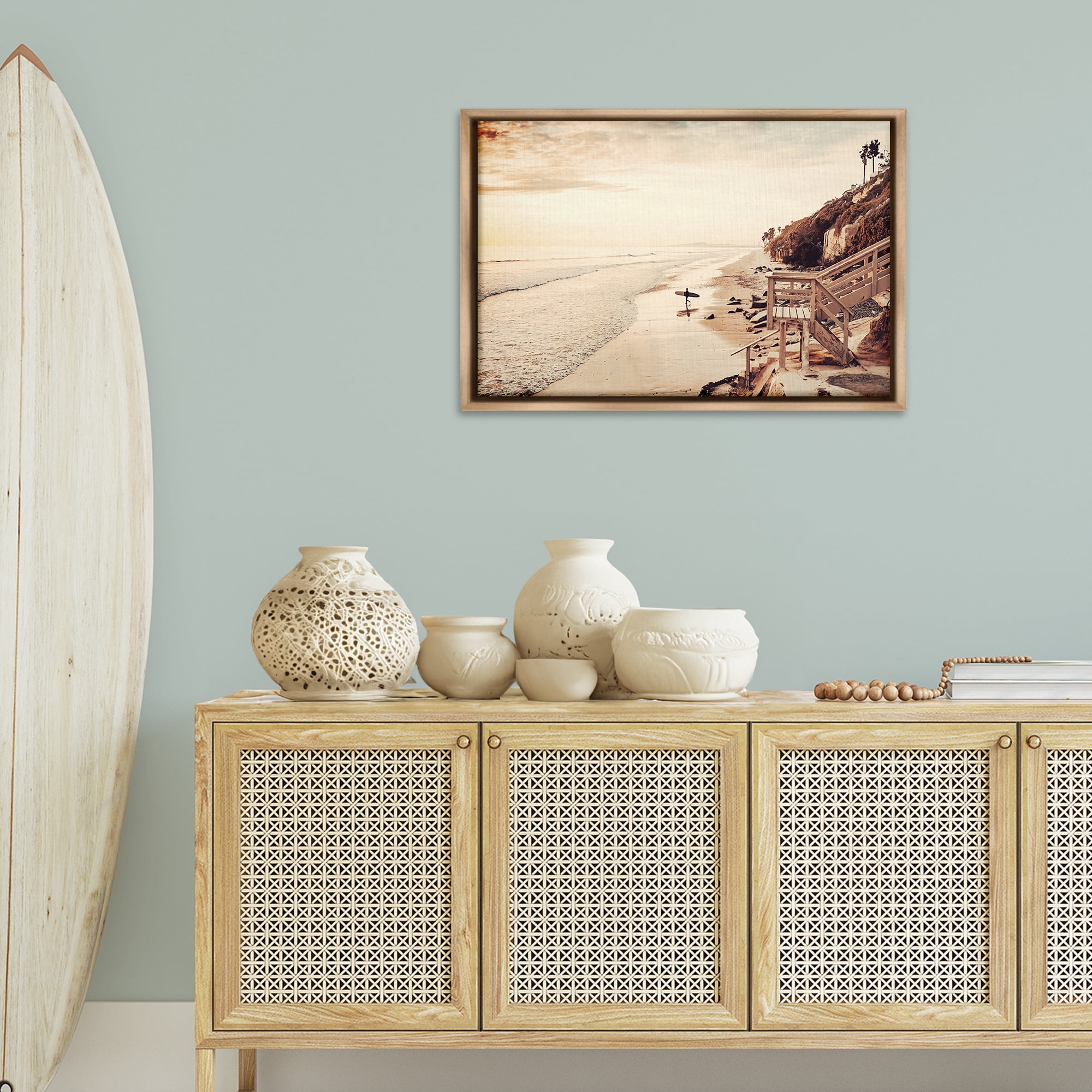 Stupell Industries Sunset & Surf Landscape Nautical & Beach Photography Brown Floater Framed Canvas Art Print Wall Art, 31 x 21