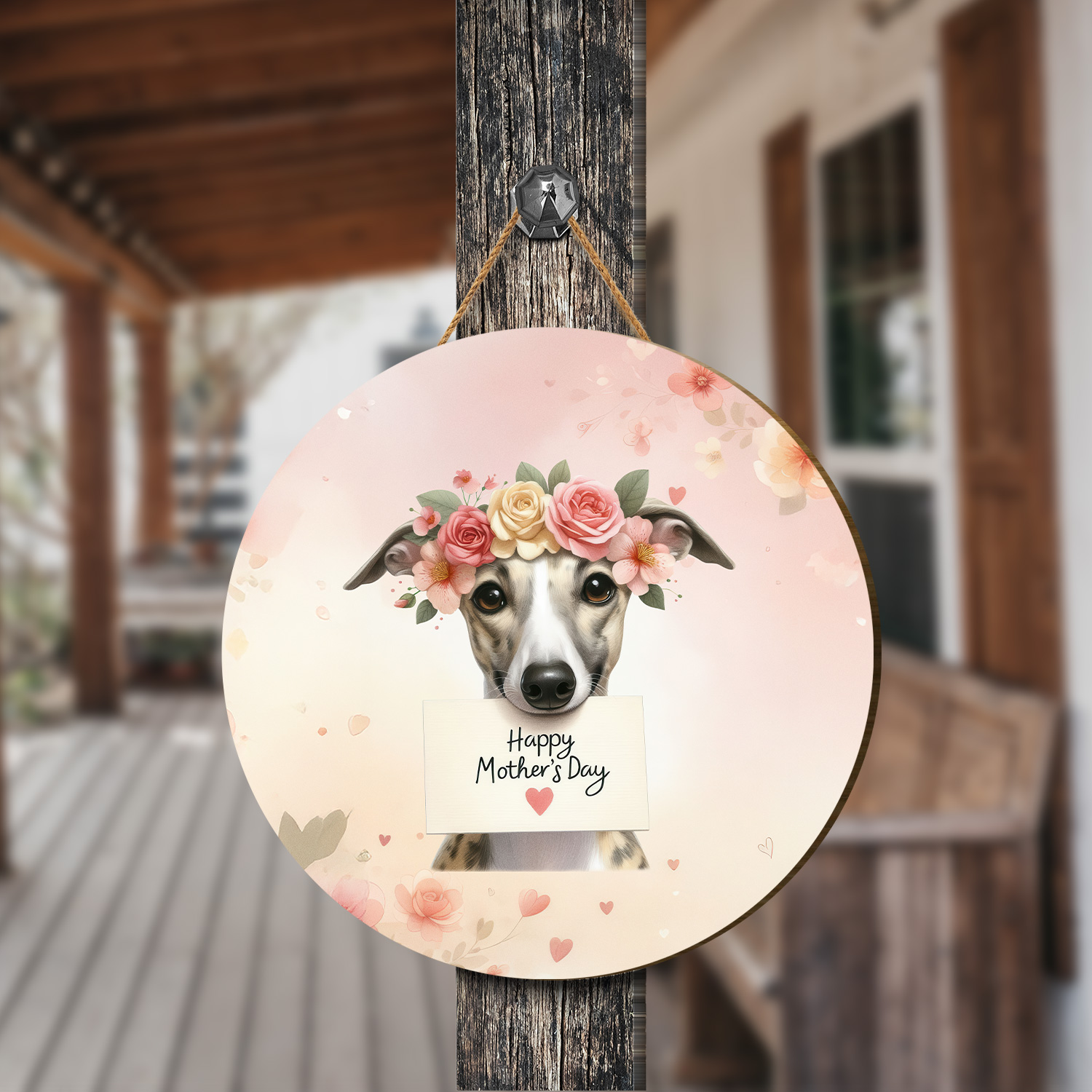 Happy Mother's Day Whippet with Flower Crown and Greeting Card Round Wood Sign Dog Lover Hanging Wall Home Decor - 13004
