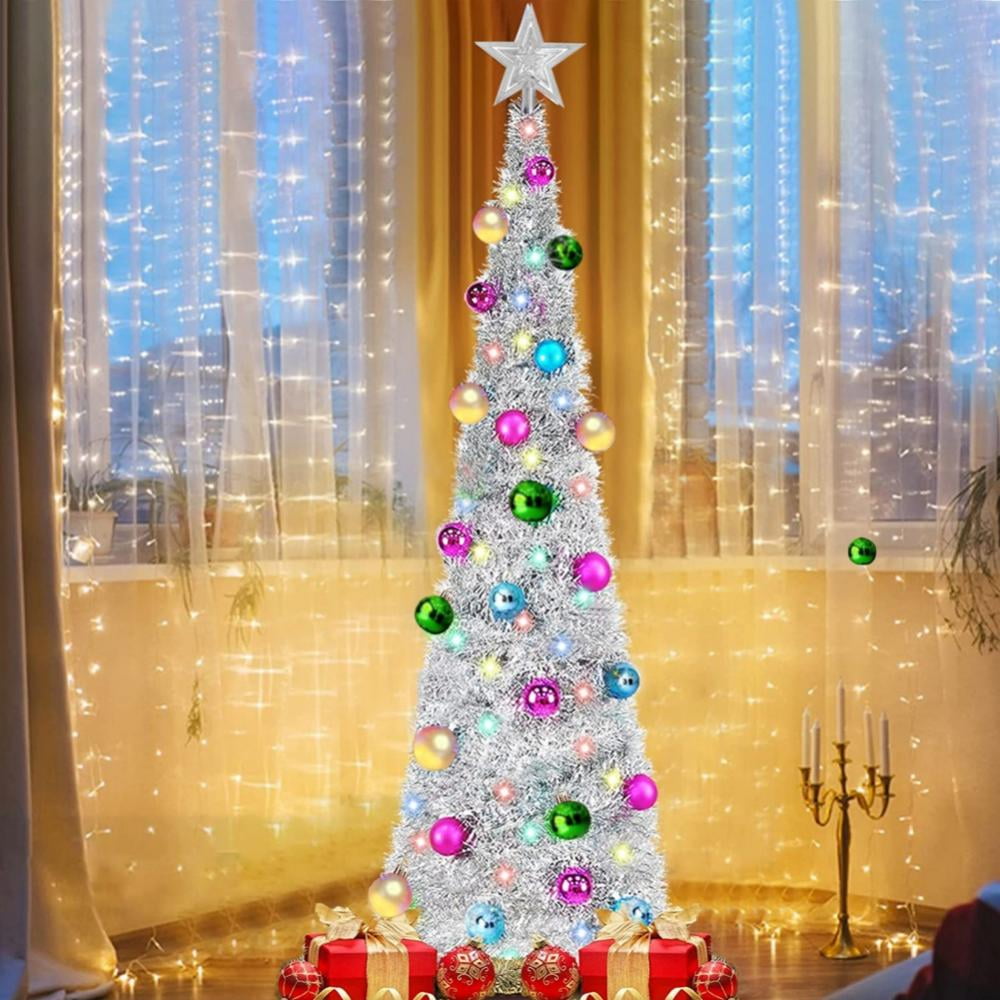 5 Ft Pop Up Christmas Tree Tinsel with 50 Color Lights Timer 3D Star