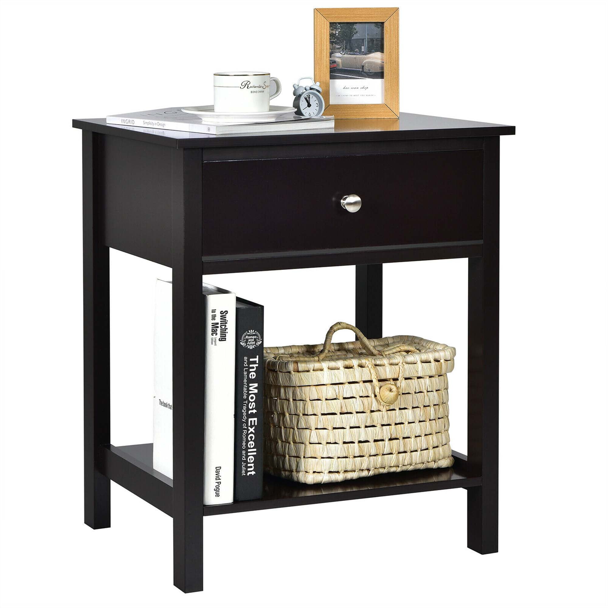 Gymax 2PCS 2-Tier Nightstand Modern Side End Table w/ Drawer & Open Shelf Brown