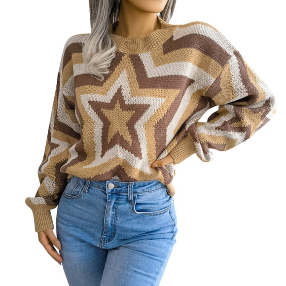 Women's Knit Pullover Sweater Long Sleeve Crew Neck Star Print Oversized Knit Casual Tops Comfortable Winter Wear
