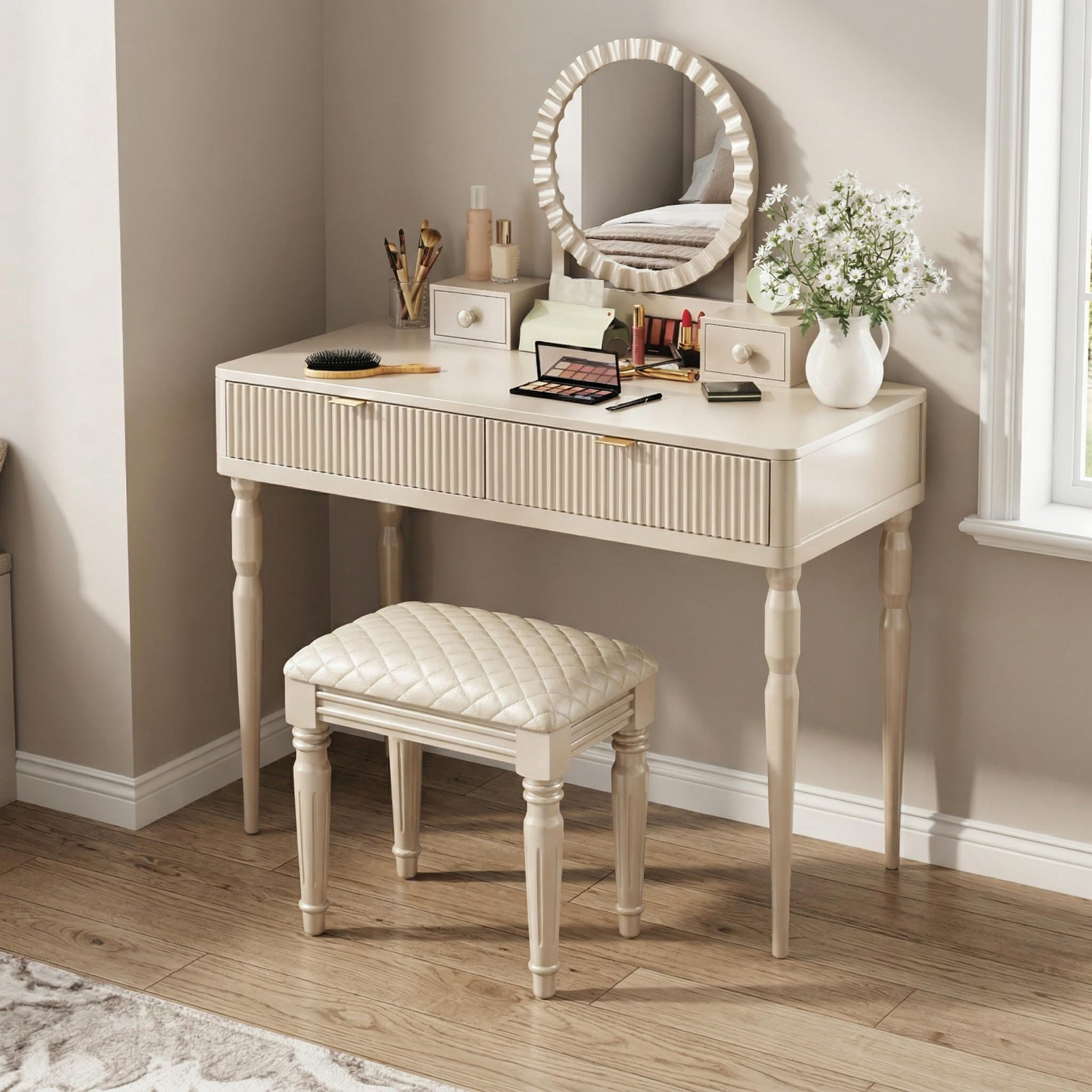Homy Casa Makeup Vanity Table with Round Mirror, 4 Drawers & Stool, Cream White