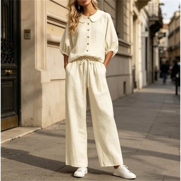 Uootdi Women's 2 Piece Matching Lounge Set Puff Sleeve Peter Pan Collar Button Top Drawstring Wide Leg Linen Pants Set with Pockets