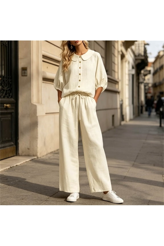 Active Sets for Women 2 Piece Linen Pants Set Womens 3/4 Sleeve Collar Shirts Wide Leg Trousers Summer Casual Loose Outfits for Travel Beige 3XL