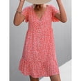 thumbnail image 3 of Vestido con cuello en V y estampado floral Vestido con dobladillo con volantes y botones delanteros de manga corta con vuelo para mujer Naranja Rojo M, 3 of 6