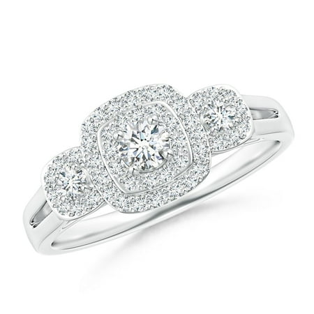 Platinum 3 Stones Cushion - April Birthstone Ring - Cushion Framed Diamond Three Stone Halo Engagement Ring in Platinum (3.3mm Diamond) - SR1522D-PT-GHVS-3.3-5.5