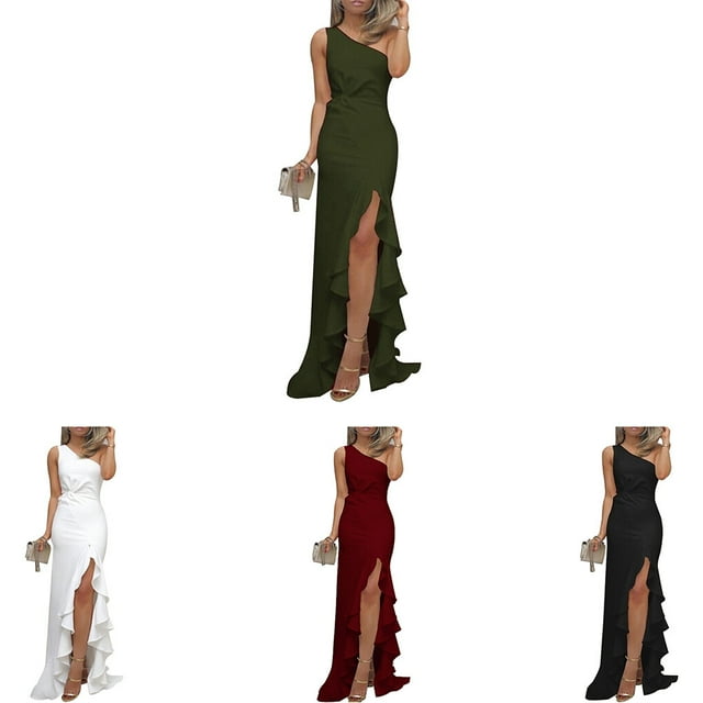 Robe Unie à Épaules Inclinées Sans Manches à Fente Haute Robe de Soirée à Volants Robe à Grand Ourlet à Volants