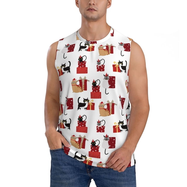 Fotbe Cute Cat And Christmas Gift Men's Camiseta sin Mangas Estampada para Hombres, Playera Casual para Gimnasio, Entrenamiento, Playa-Small
