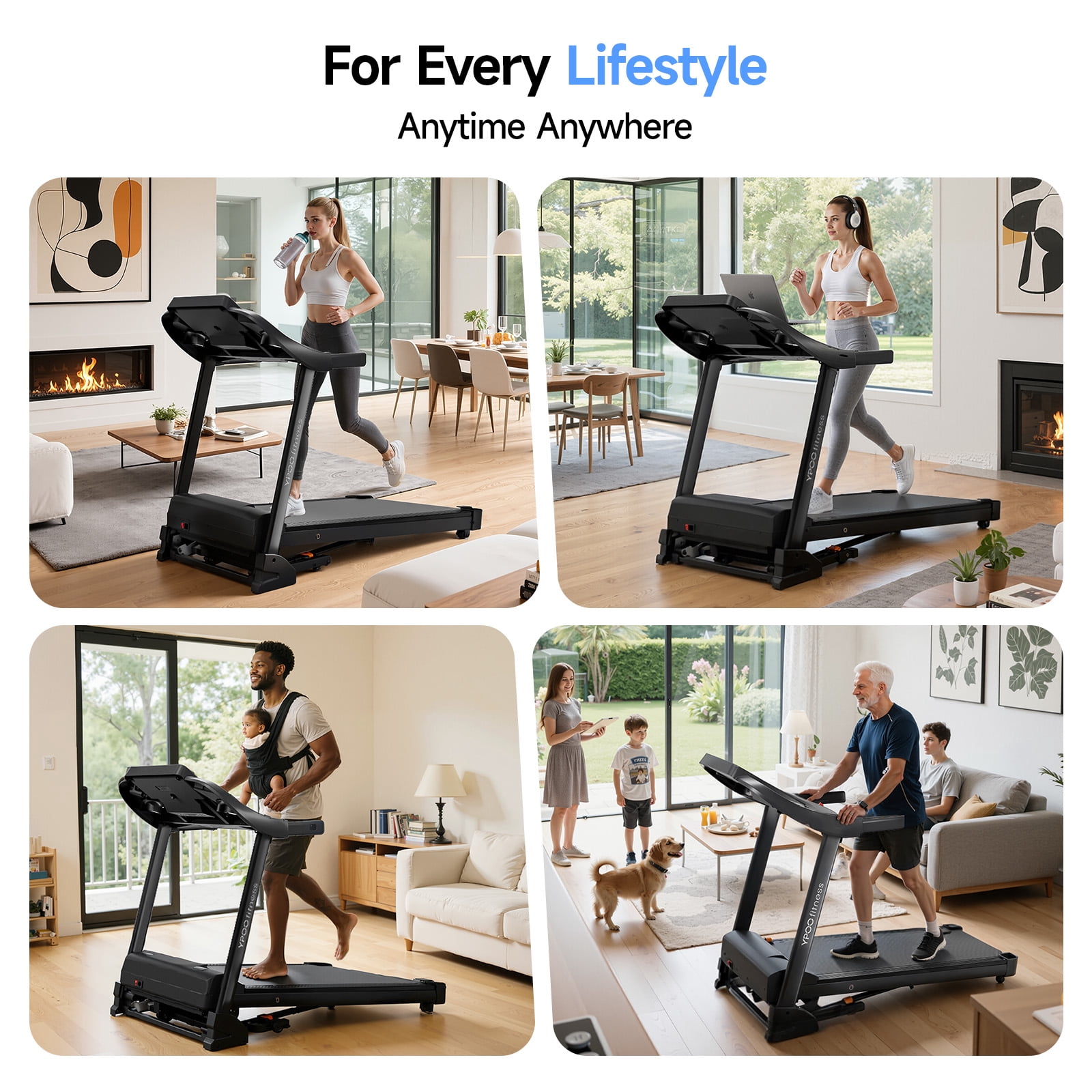 YPOO Folding Exercise Treadmill for Home Use, Walking Pad with Incline, 8 mph Running, Auto Fold, Compact, 300 lb Capacity for Small Spaces