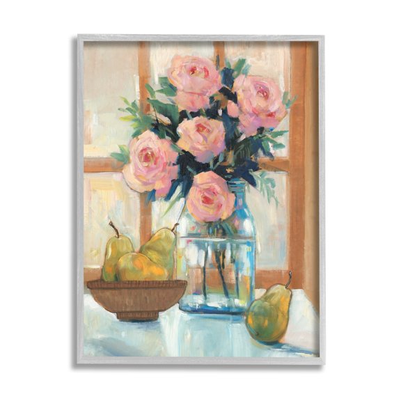 Stupell Industries Fresh Pink Roses & Fruit Kitchen Window Scene Painting Gray Framed Art Print Wall Art, Design by Tim OToole