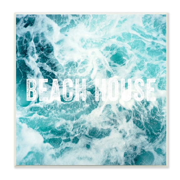 Stupell Industries Beach House Text Foamy Ocean Waves Aerial View Wood Wall Art, 12 x 12, Design by Daniel Sproul