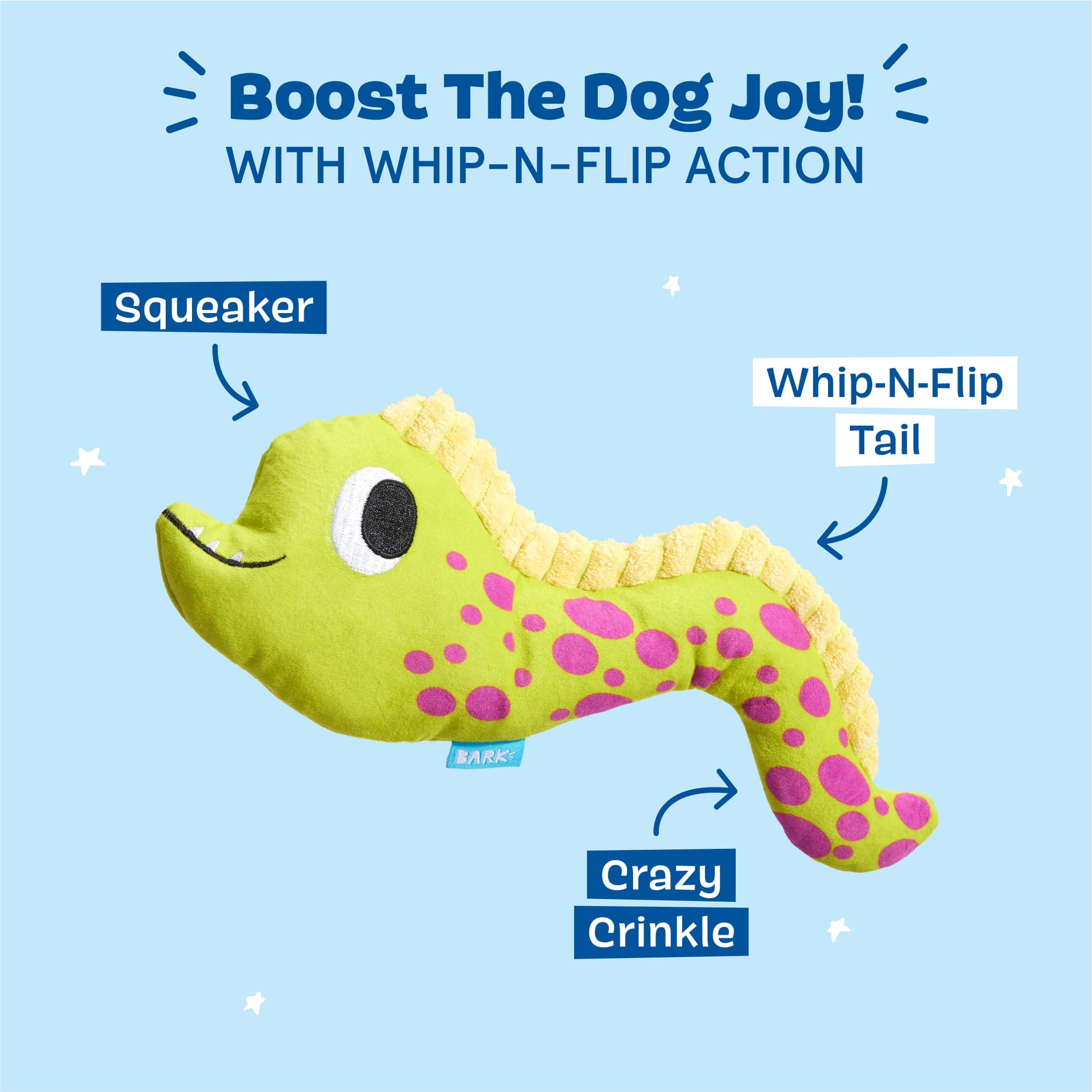 BARK Maury Eel Ocean Eel Squeaky Plush Dog Toy, Green