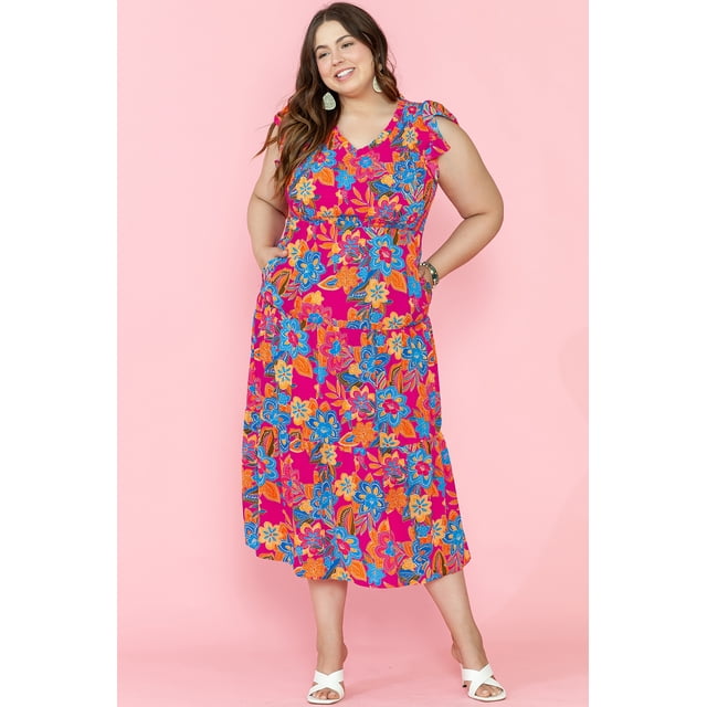 a.Jesdani Maxi Floral Rouge Vif - Élégant à Étages, Grande Taille, Sans Manches Grace