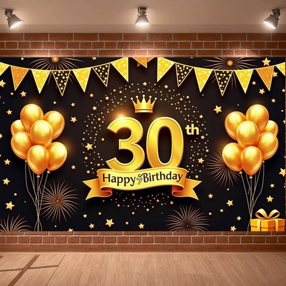 Golden Theme 30th Birthday Banner Crown Design Display Balloon Decor Star Pattern Golden Celebration Backdrop for 30th Birthday Party Adult Celebration Milestone Event
