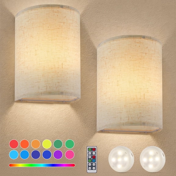 LAFAYTTE Wall Sconces Set of 2, Wireless Wall Lights with Remote Control, 16 RGB Color Changing & Adjustable Brightness, Fabric Shade Wall Lamps for Bedroom, Living Room & Hallway