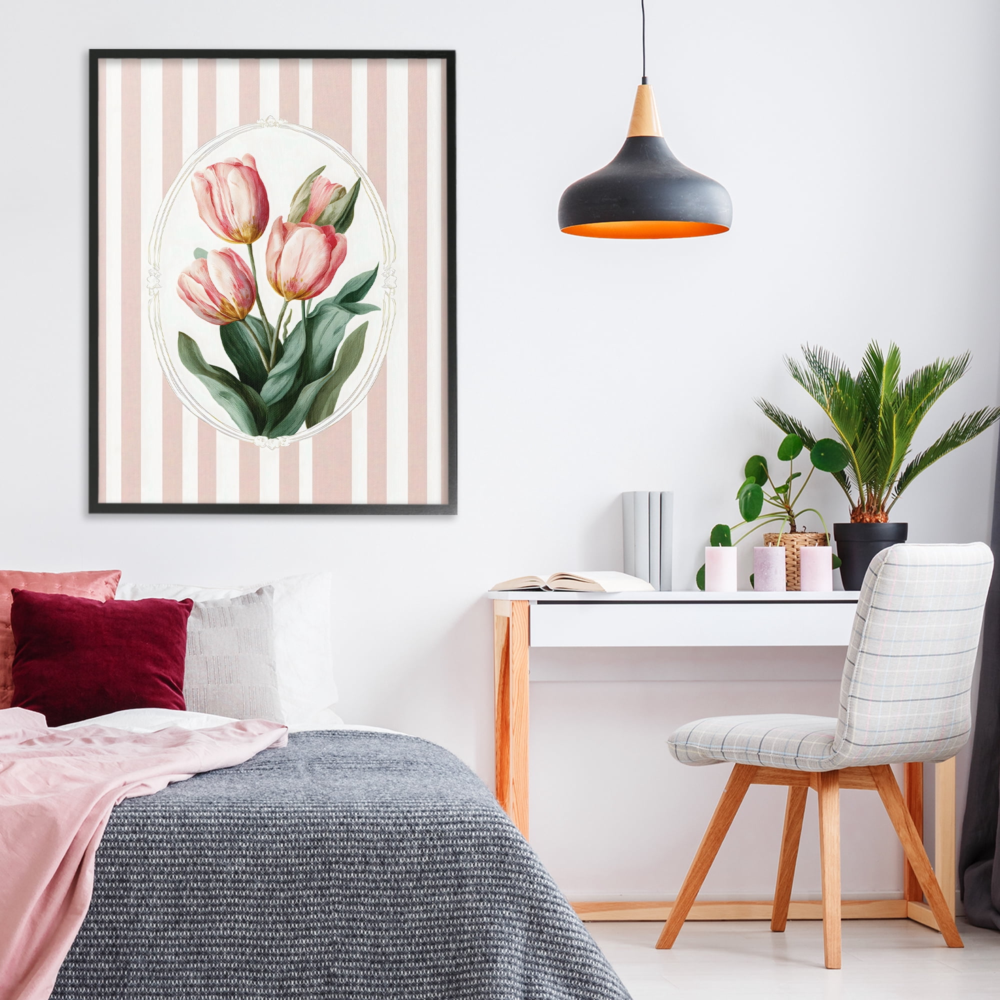 Stupell Industries Vintage Tulips on Stripes Black Framed Giclee Art, design by Ink Drop Loft