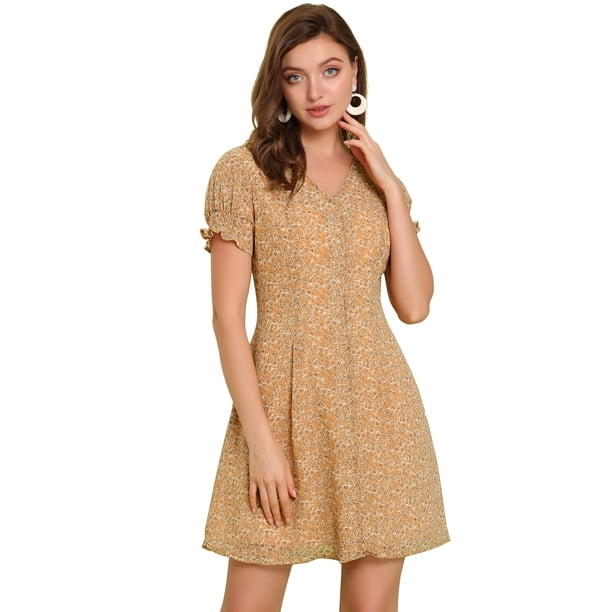 Vestido Fluido De Gasa Floral Cuello Pico Manga Corta Botones Arriba Para Mujer Amarillo S