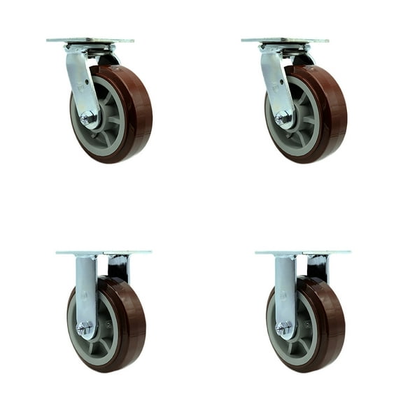 6 Inch Polyurethane Caster Set with Roller Bearing 2 Swivel 2 Rigid SCC