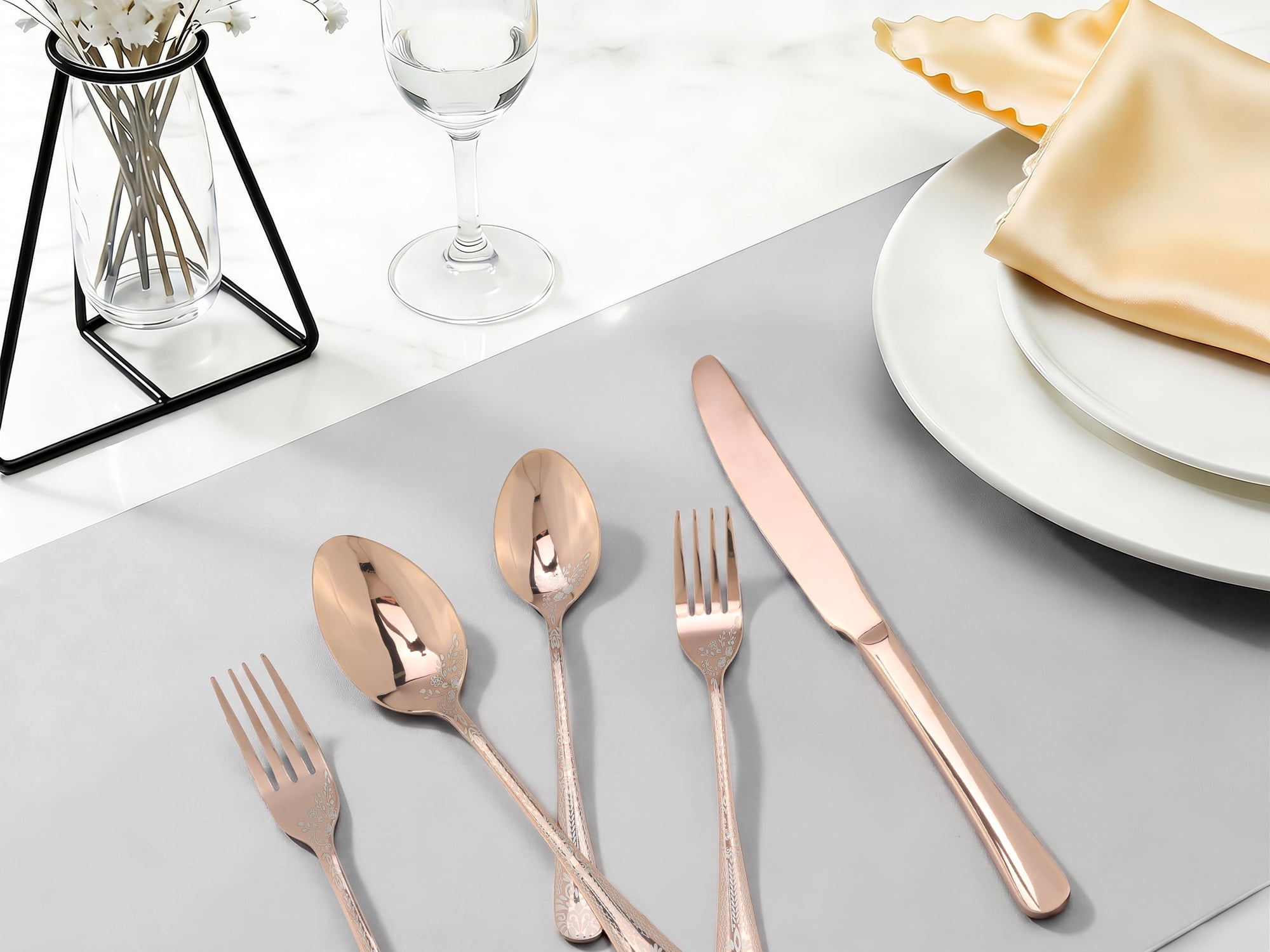 Unique Bargains 20 Piece Floral Stainless Steel Flatware Set for 4 Modern Cutlery Gold1