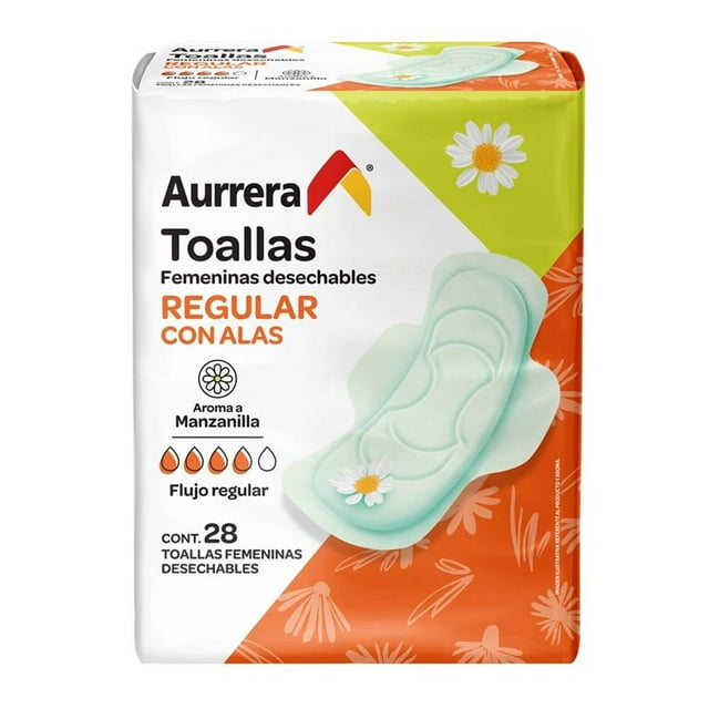 Toallas femeninas Aurrera flujo regular con alas aroma manzanilla 28 pzas