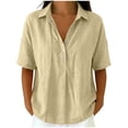 thumbnail image 2 of HongQid Short Sleeve Collared Henley Cotton Shirt for Women Partial Button Placket Drop Shoulder Loose Curved Hem Breathable Woven Casual Tunic, 2 of 6