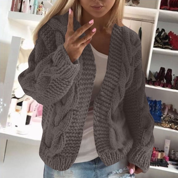 Women's Cropped Open Front Hooded Cardigan Casual Knitted Sweater Tops Fall Fashion Outerwear Coat New Gray L