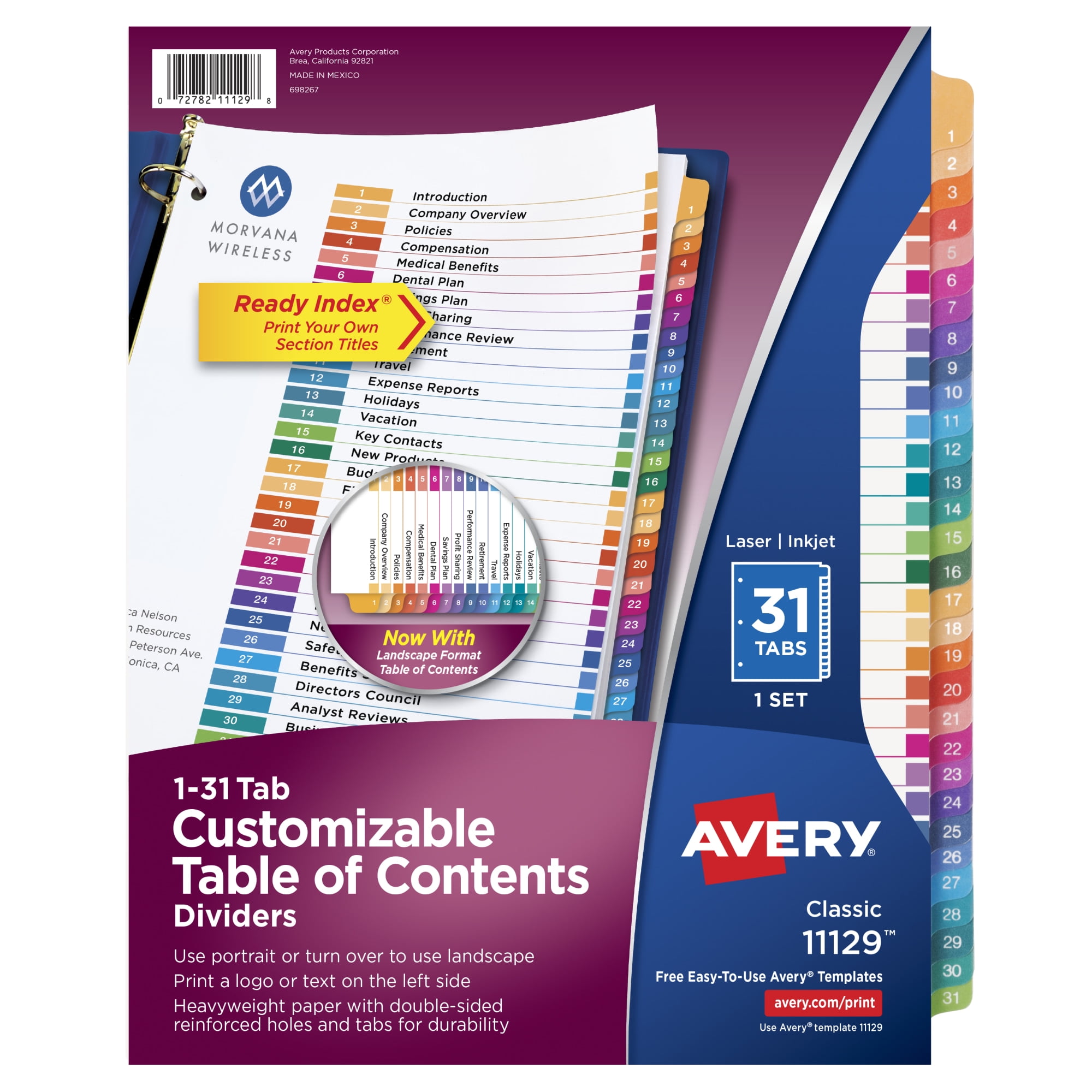 Avery® Ready Index® 20% Recycled Table Of Contents Dividers, 1-31 Tab, Multicolor