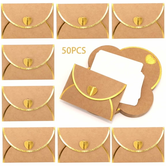 50 Pack Mini Kraft Envelopes with Gold Heart Clasp, Gold-Edged with Blank Cards, 4.13" x 2.8"