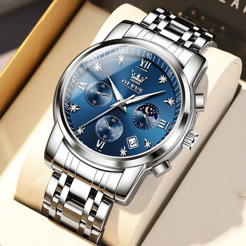 OLEVS Watches for Men Luxury Dress Casual Analog Quartz Gold Plated Stainless Steel Chronograph Moon Phase Waterproof Luminous Date Business Mens Wrist Watches Reloj Para Hombre