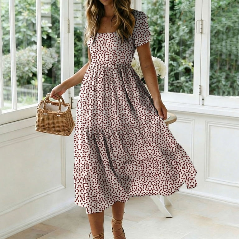 ladies tiered midi dress Vbvc Women's Floral Square Neck Tiered Midi Dress,Ladies Short Sleeve A-Line Ruffle Swing Dress,Casual Flowy Summer Boho Dress For Women,Khaki,S-2XL,