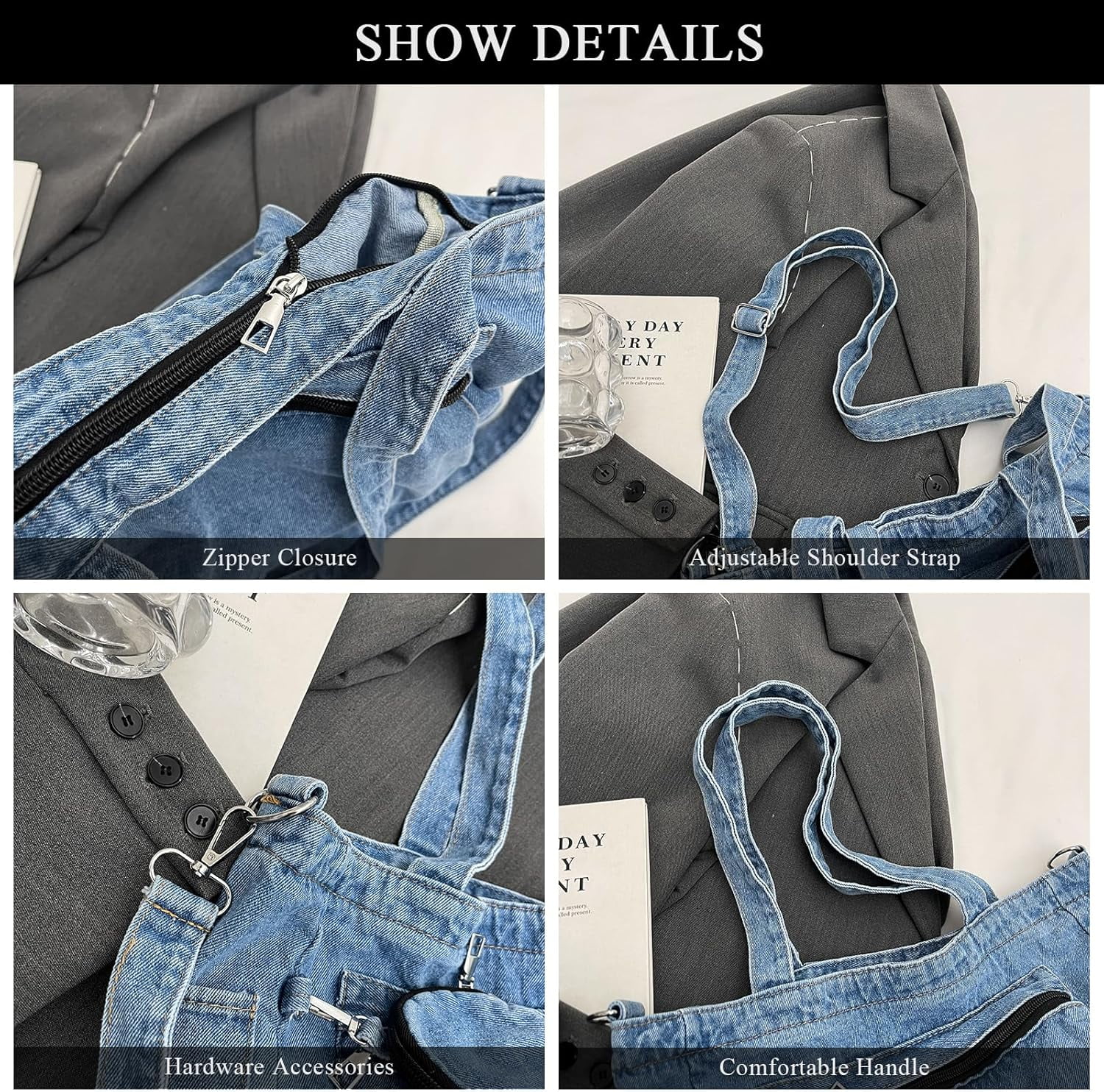 Denim Tote Bag, Large Capacity Jean Purses for Women Denim Crossbody Handbags with Small Purse