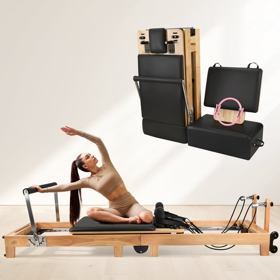 Vakiorn 94.5in Wooden Foldable Pilates Reformer Equipment with Springs Jump Board Sitting Box Studio Grade Gym Equipment for Home Black