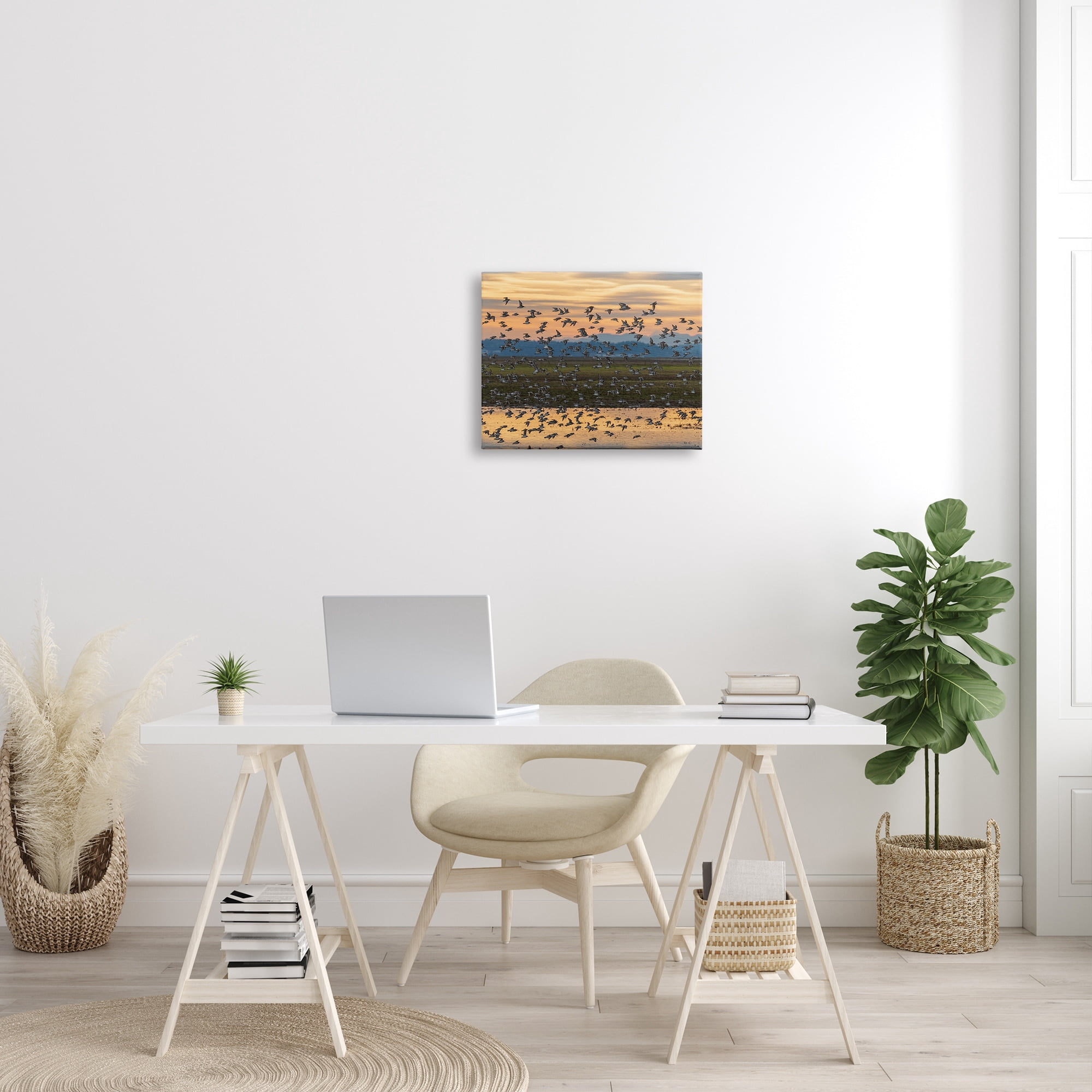 Stupell Industries Flock of Birds Flying Lake Reflection Orange Sunset Painting Gallery Wrapped Canvas Print Wall Art, Design by Nancy Crowell