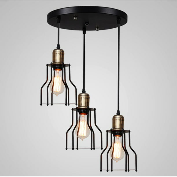 Industrial 3-Light Pendant Lighting, with Black Metal Cage Shade ...