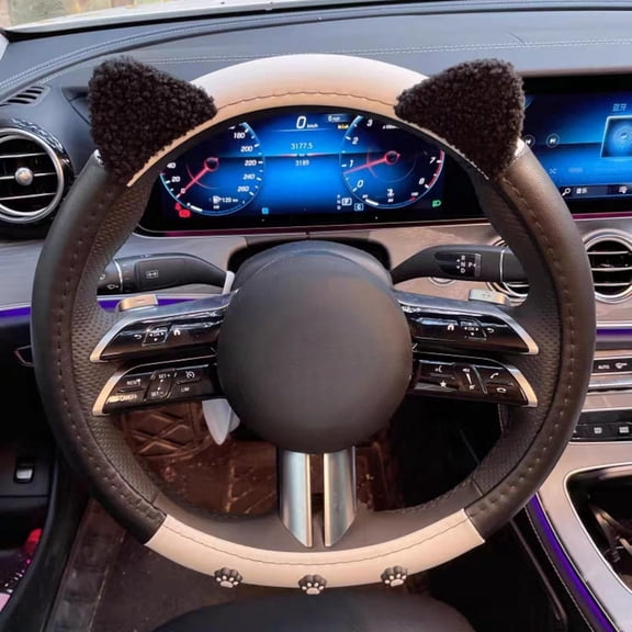 15 Inches Universal Round Leather Car Steering Wheel Cover, Cute Cat Soft Breathable Non-Slip Steering Wheel Protector Wrap for Women