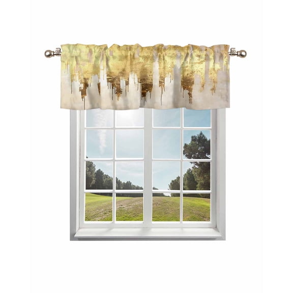 Abstract Gold Kitchen Curtain Valances for Windows Farmhouse Short Curtains, Modern Brush Luxury Strokes Artwork Rod Pocket Valance Curtain for Bedroom Cafe Living Room 54"x18"