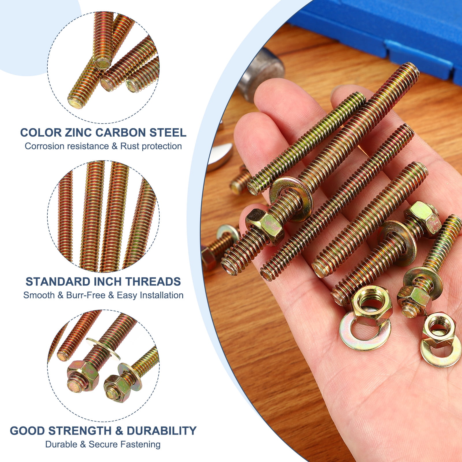 5/16" x 3-1/2" Color Zinc Fully All Thread Rod, 12 Pcs Carbon Steel Long Threaded Screw for Furniture Garden