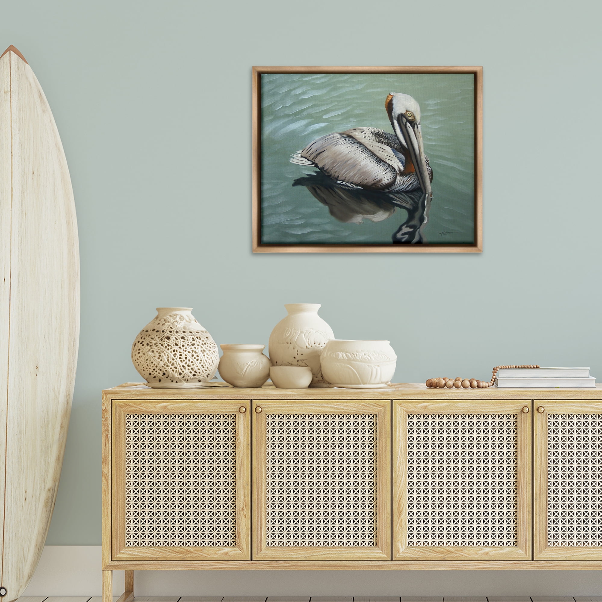 Stupell Industries Pelican Lake Reflection Animals & Insects Painting Brown Floater Framed Canvas Art Print Wall Art, 31 x 25