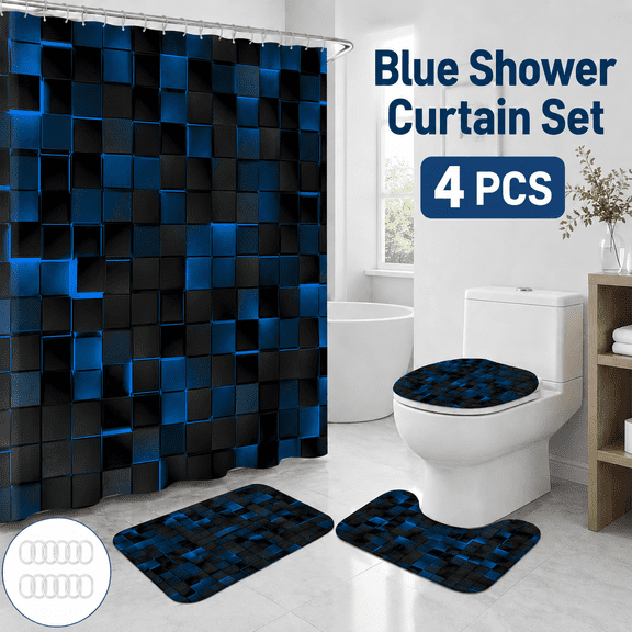 MORAVE Black and Blue 3D Cubes Modern Shower Curtain Set, 4Pcs Blue Bathroom Sets with Rugs & 12 Hooks for Bathroom
