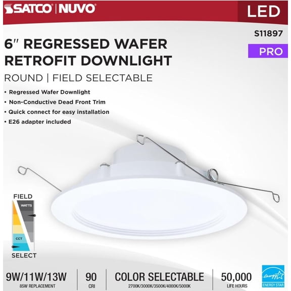 Satco S11897 13W LED 6-Inch Downlight Retrofit CCT Selectable 2700K–5000K 900–1400 Lumens Regressed Wafer Round Matte White IC Air Tight Energy Star Wet Rated