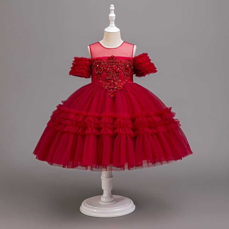 christmas pageant dresses Girls Dress Cold Shoulder Lace Applique Beaded Tulle Ball Gown Flower Girl Dress Red,Size 7-8T This listing is for