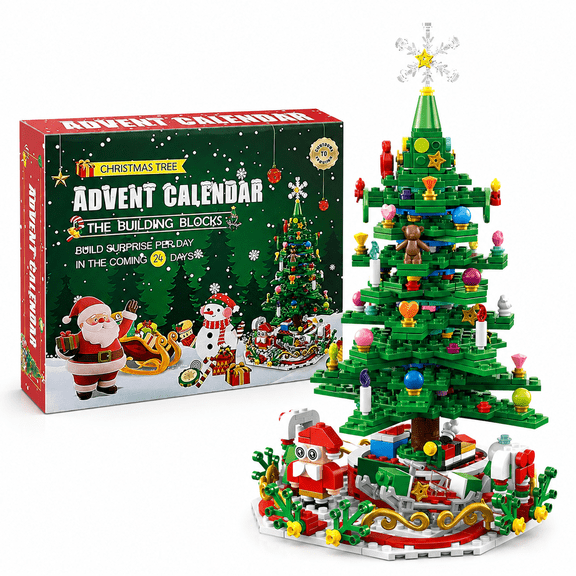 701-Piece Christmas Tree Advent Calendar with Lights, 24-Day Countdown Holiday Building Toy, Tabletop Decor & Gift