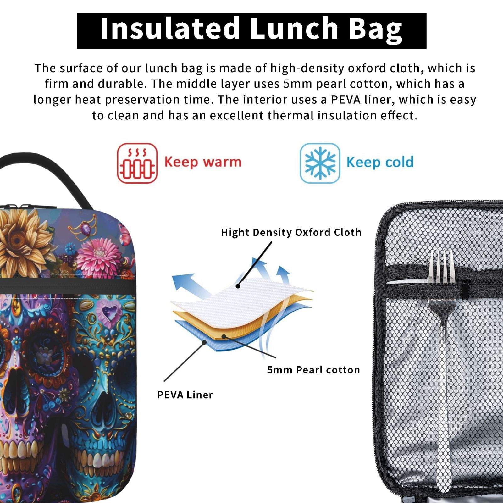 Lunch Bag For Women Men Insulated Portable Lunch Box Bento Box Office Picnic Travel Cooler Bag Festive Sugar Skulls (1)